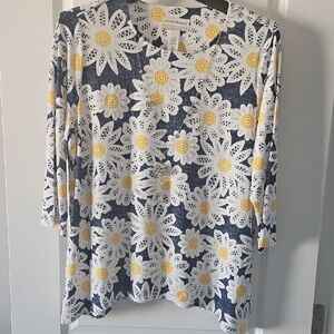 Alfred Dunner Floral Lace Women Top - Blue and Yellow